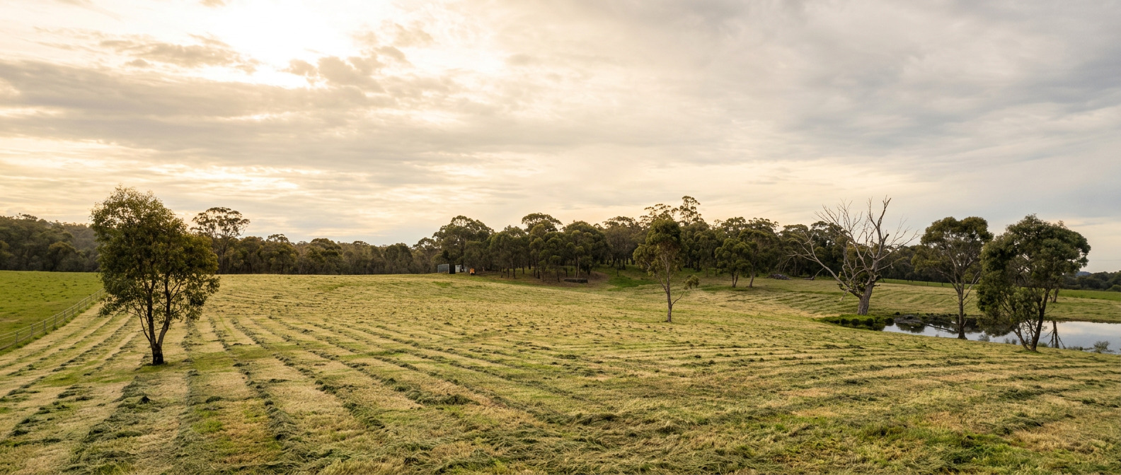 Freshly slashed paddock with a dam and gum trees under a big Central Victorian sky