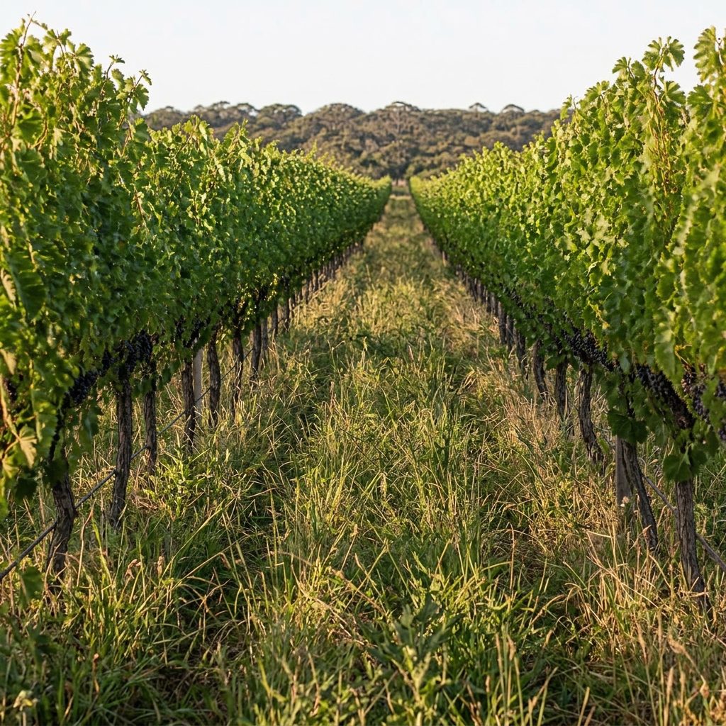 Grass built up in vineyard mid-rows before a slashing pass